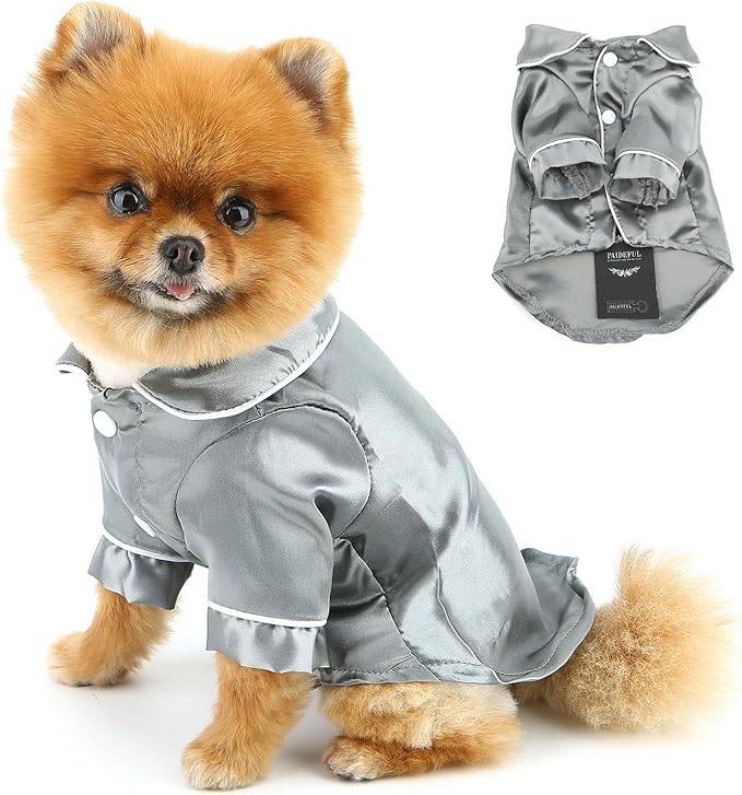 PAIDEFUL Soft Faux Silk Sleepwear for Small Dogs Cats Lapel Doggie Loungewear Lightweight Breathable Puppy Pajamas PJS Two-Legged Pet Shirt Clothes Summer Spring Chihuahua Apparel Button Up,Gray,XL