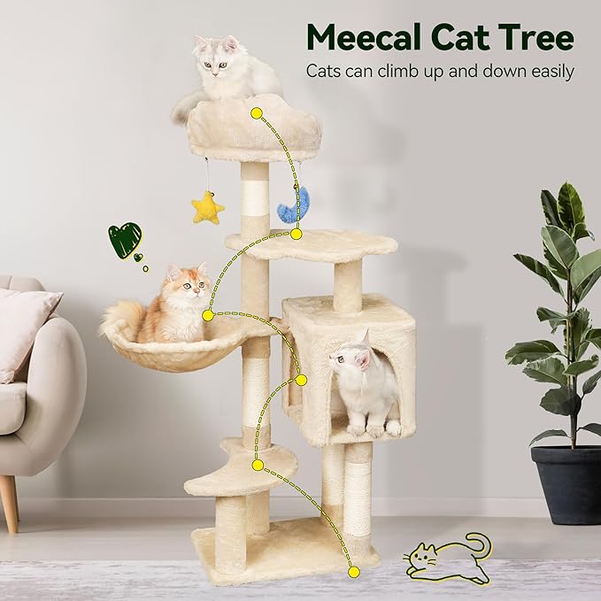Meecal 43-Inch Cat Tree,Cute Cloud Cat Tree for Kittens & Small Cats Under 6 Months 9lbs, Cat Tower with Scratching Post, Double Condos, Plush Hammock & Dangling Toys, Beige