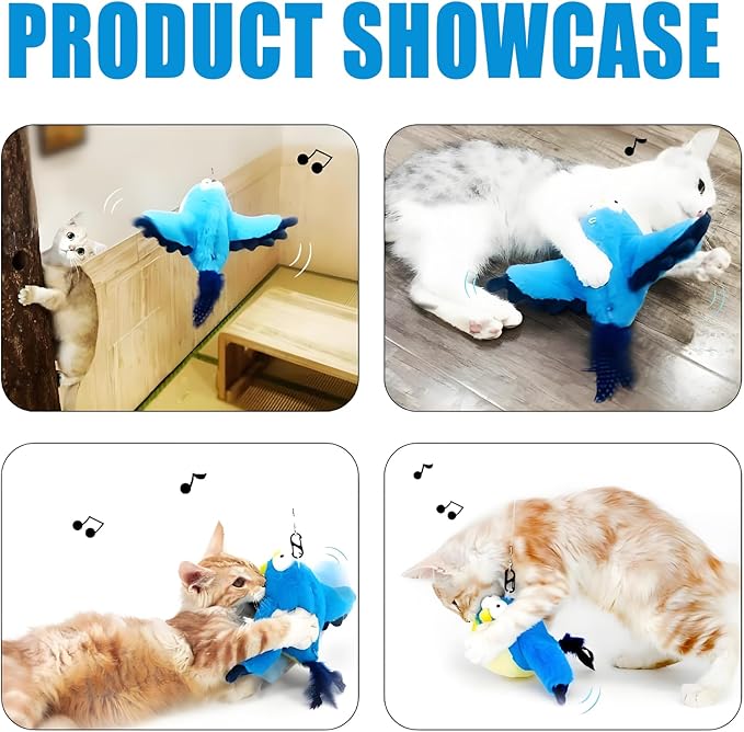 Dumwick 2026 Upgrade Interactive Chirping Bird Cat Toy,Flapping Wingss with Realistic Sounds,Simulated Chirping Bird Cat Toy for Indoor Play and Exercise (Bluebird 1pcs)