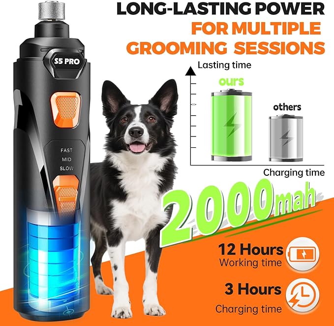 Whisper Quiet Dog Nail Grinder with 4 LED Lights, Safe & Stress-Free for Sensitive Dogs Cats of All Breeds & Sizes, 3 Grinding Bits, 3-Speed, Pet Nail Trimmers, Rechargeable Painless Grooming Kit