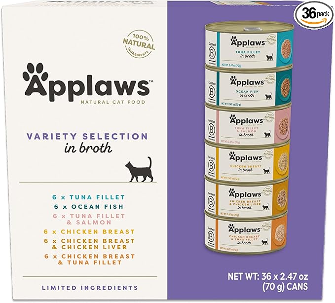 Applaws Natural Wet Canned Cat Food, Limited and Natural Ingredients, High Protein with No Artificial Additives, Variety Selection in Broth (36 x 2.47oz Cans)