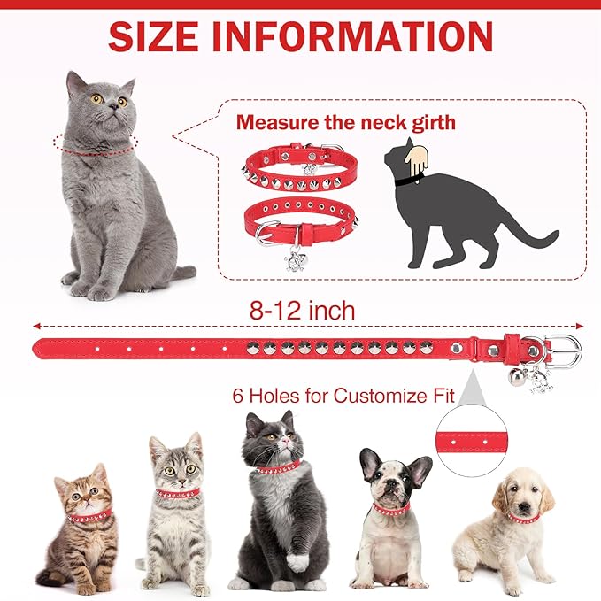 Leather Cat Collars for Boy Girl Cats with Bell and Safety Elastic Belt, Personalized Rivets Stud Adjustable Safe Buckle Collar with Skull Charm for Kitty Small Pets, Red