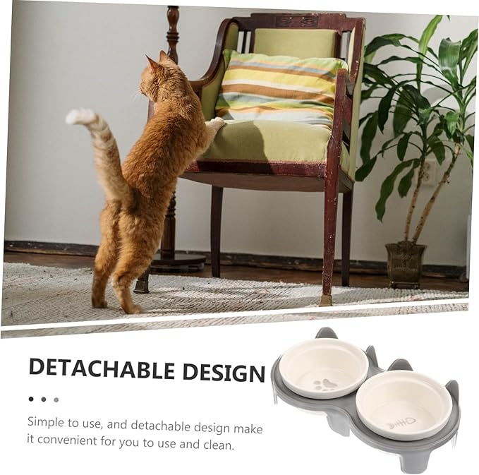 Ceramic Elevated Cat Bowl with Thick Gray Non-Slip Stand Angled Dual Feeding and Watering Bowls for Indoor Pets Smooth Surface Pet Feeding Accessory