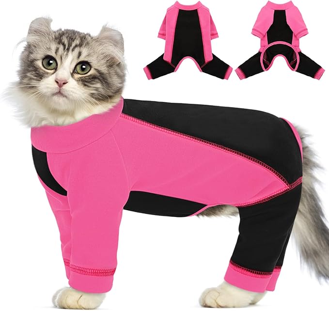 Hair Sticky Cat Clothes, Cat Sweater for Cats Only, 4-Legged Fleece Sweaters Kitten Pajamas Reduce Shedding Fur, Warm Pullover Shirts for Cats, Pink M
