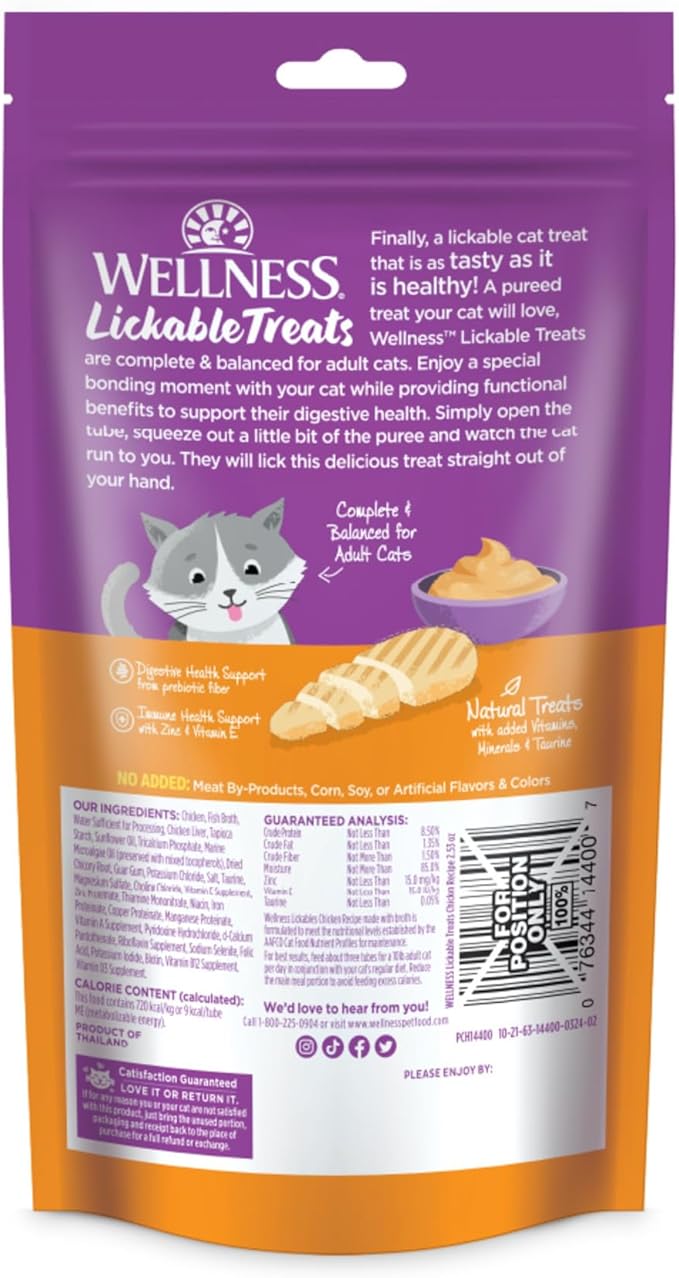 Wellness Lickable Soft Puree Cat Treats, All Lifestages, Kitten to Senior, Natural, Grain Free, Chicken Flavor, 0.4 oz, Pack of 6 Tubes