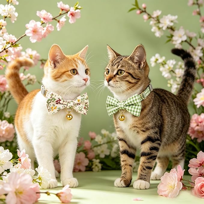 2 Pack Cute Cat Collar with Bow Tie & Bell, Adjustable Green Floral/Gingham Check Kitten Collars with Safety Breakaway Buckle for Cats & Small Dogs(GN Fl+Plaid)
