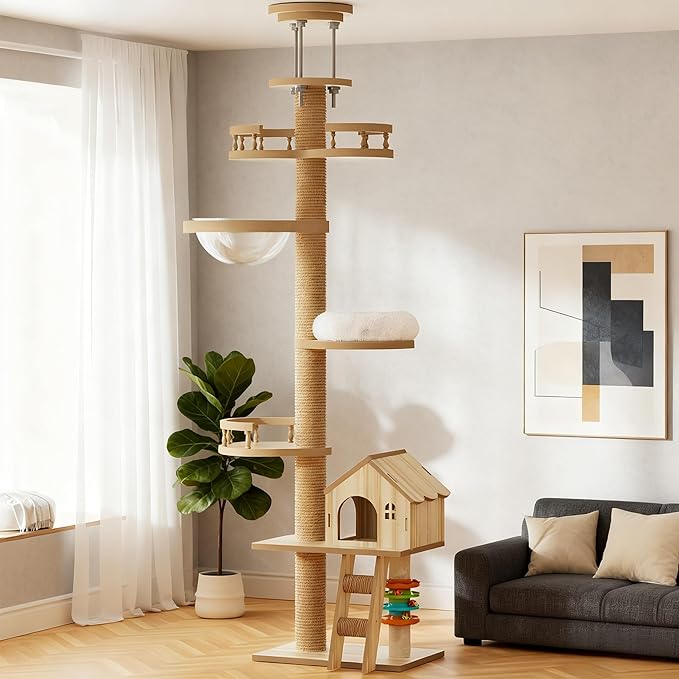 Modern Cat Tree Tower, Solid Wood Cat Condo with Scratching Posts, Multi-Level for Indoor Cats, Indoor Cat Furniture for Large Cats and Kittens (98")
