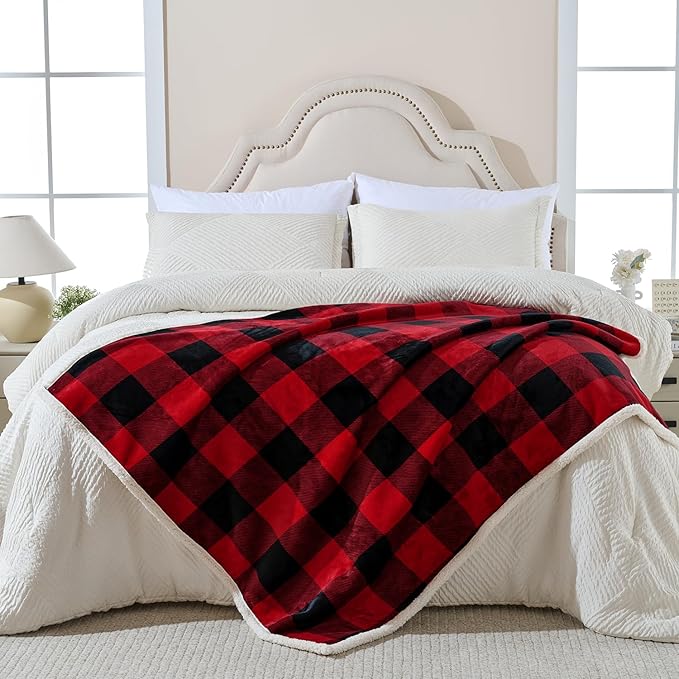 Qeils Dog Blankets for Large Dogs, Waterproof Dog Blanket Washable, Soft Sherpa Fleece Puppy Blanket for Kitten Doggy, Warm Cat Blankets for Indoor Cats, 50"X60", Red Christmas Checker