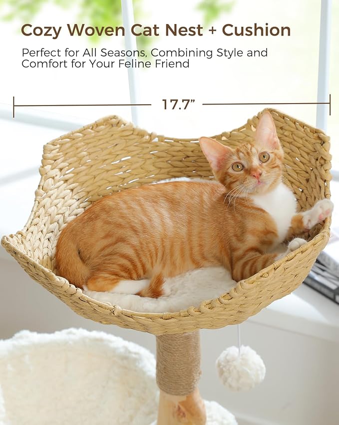 MUTTROS Modern Cat Tree for Large Cats, Wood Cat Tower for Indoor Cats, Real Branch Luxury Cat Furniture with Super Large Cozy Condo and Hammock & Scratching Post, Top Basket, White