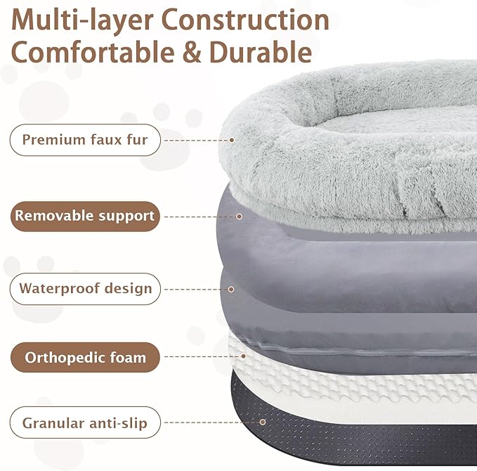 ROOMTEC Human Dog Bed, 78''x51''x12'' Size Fits Adult and Pet Washable Giant People Bed 10 CM Thick Memory Foam Large Oversize Pet Bed with Plump Pillow, Blanket, Strap - Grey