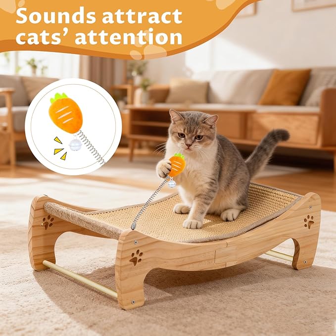 Cat Scratcher Bed with Interactive Carrot Toy - 3-in-1 Wooden Sisal Scratching Pad, Hammock Lounge & Play Center for Indoor Cats - Furniture Protector, Solid Wood Frame (Large)