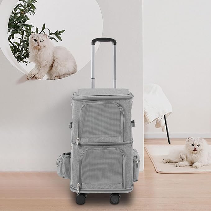 Double-Compartment Pet Carrier Backpack with Wheels for Small Cats and Dogs, Cat Rolling Carrier for 2 Cats, Perfect for Traveling/Taking a Walk/Trips to The Vet,for Up to 22 LBS (Grey)