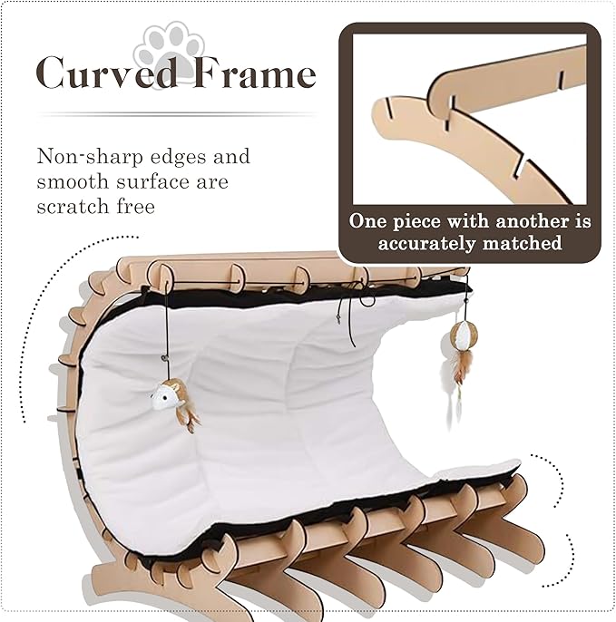 Upgraded Wooden Cat Bed with Plush Cushion – Semi-Cylinder Raised Cat Hammock Bed for Indoor Cats, Washable Pet Bed Support for Kittens, Large & Small Cats – Durable Cat Furniture & Cozy Cat Beds