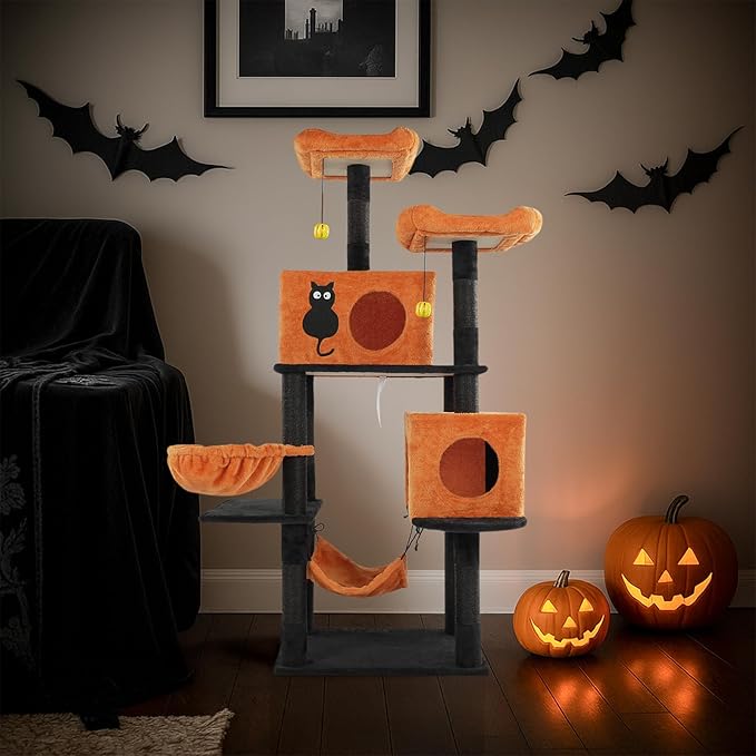61" Halloween Cat Tree, Large Cat Tower with 2 Spacious Cat Condos, 2 Padded Perches, 2 Hammocks, Scratching Posts, Hanging Toy, Multi-Level Cat Activities Furniture for Large Cats (58 * 44 * 155CM)