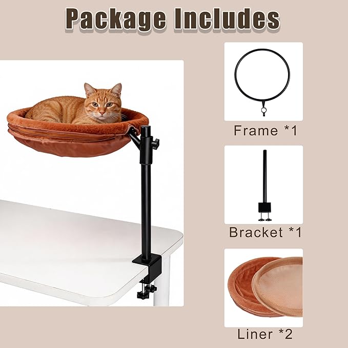 360° Rotating Cat Desk Bed, Height Adjustable Elevated Cat Perch with 2 Breathable & Warm Covers for All-Season Comfort, Quick Install, Supports up to 30 lbs