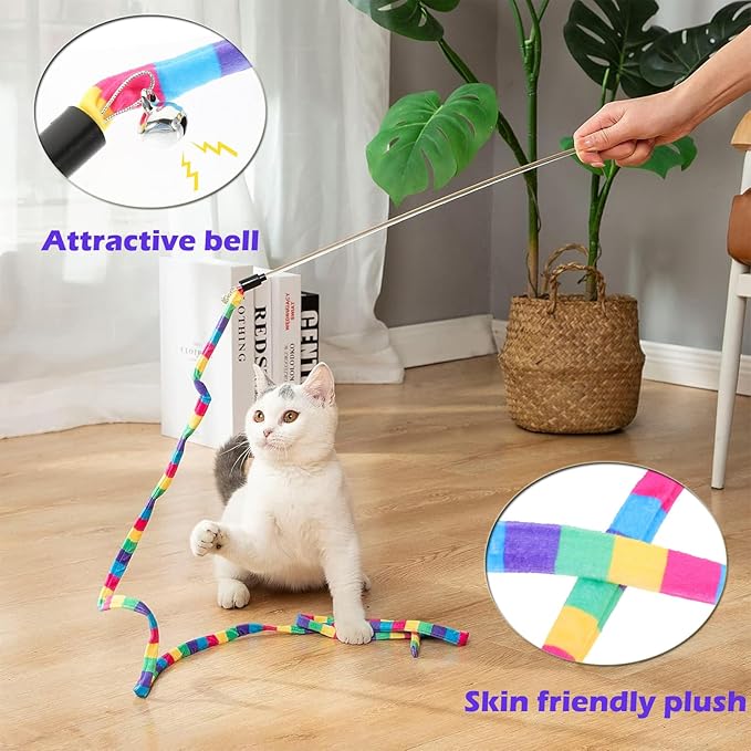 KABASI 3PCS Interactive Cat Rainbow Wand Toys, Colorful Cats String Toy Teaser Wand Sturdy Pole with Spring Balls for Kitten Cat Having Fun Exerciser Playing Indoor and Outdoor