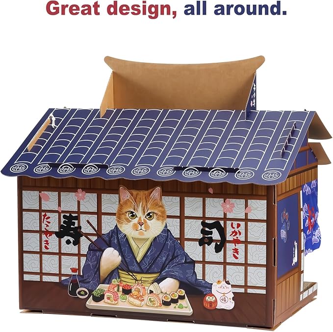 Cardboard Cat House with Scratcher – Japanese Izakaya Style, 22" L×15" W×19" H, Indoor Cat Playhouse & Hideout, Corrugated Cat Scratch Toy for Cats up to 33 lbs, Small Pets, Cute Home Decor Gift