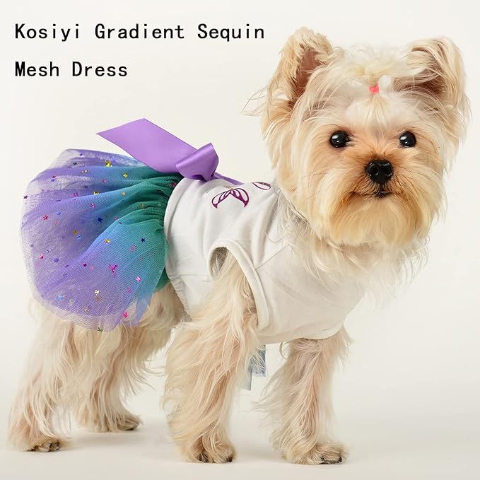 Dog Clothes for Small Medium Dogs Girl, Gradient Sequin Mesh Dress Dog Outfit, Summer Tutu Dog Dresses, Cat Apparel, Cute Pet Puppy Clothing Doggie Outfits (Small, Gradient Blue)