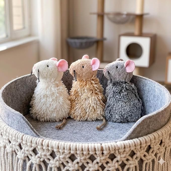 Ipetboom Refillable Catnip Toys for Cats - 3 Pack Interactive Cat Chew Toys for Indoor with Natural Long Fur and Jute Tail, Durable Plush Mouse Pet Fun Tool for Hunting and Boredom Relief