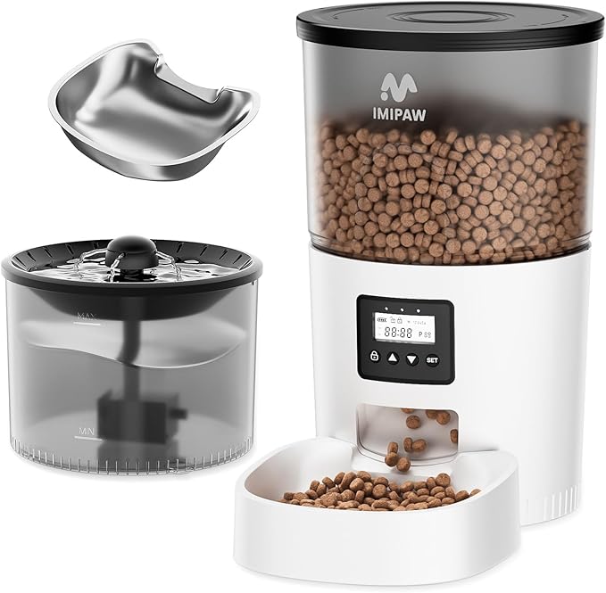 Automatic Cat Feeder and Water Fountain, with Stainless Steel Bowls