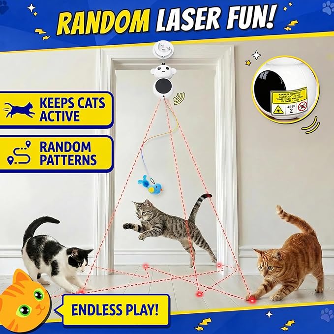 Interactive Cat Toys for Indoor Cats - 2 in 1 Automatic Laser Pointer Cat Toy with Feather Flying Bird，Smart Moving Mouse Wand Toy, Auto On/Off Hanging Toys for Bored Kitten & Adult Cats(Blue)