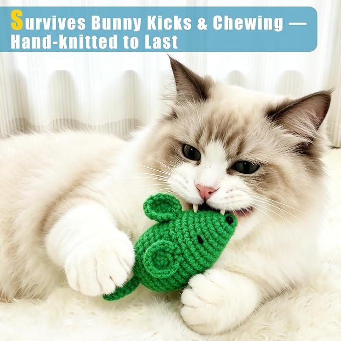 Retro Shaw Catnip Toys Crochet Mouse 6 Pcs - 100% Natural Catnip & Silvervine Blend Yarn Cat Nip Mice, Durable Hand-Knitted Teething Chew Toy for Indoor Cats & Kittens, Interactive Play & Dental Care