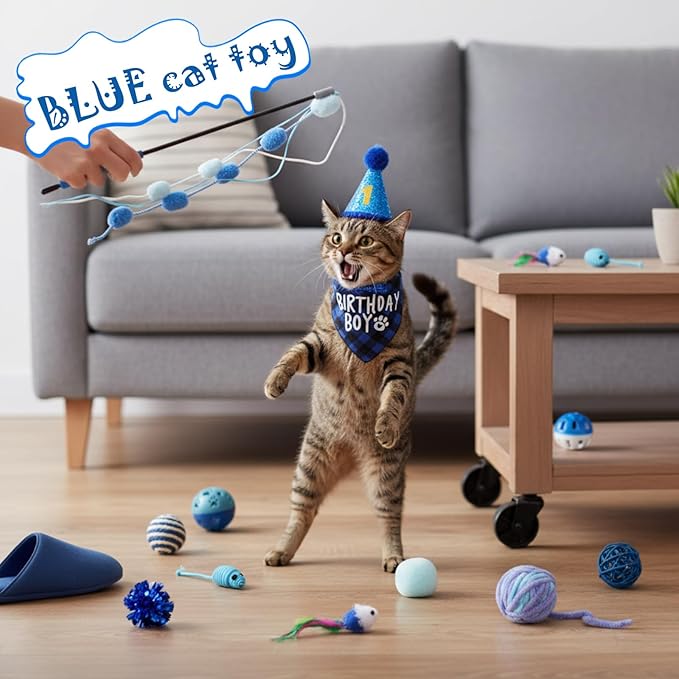 Zopeal Graduation Cat Toy Set Interactive Cat Toys Pack Including Feather Teaser Wand Plush Gift Outfit Mice Crinkle Balls and Pet Bell Balls, Puzzle for Indoor Cats Gift Basket for Kitten(Blue)