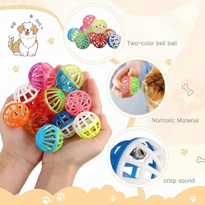 Silkfly 30 Pcs Value Cat Toy Balls with Bells, Plastic Lattice Jingle Balls for Kittens, Interactive Chasing & Pounce Rattle Toys, Assorted Colors
