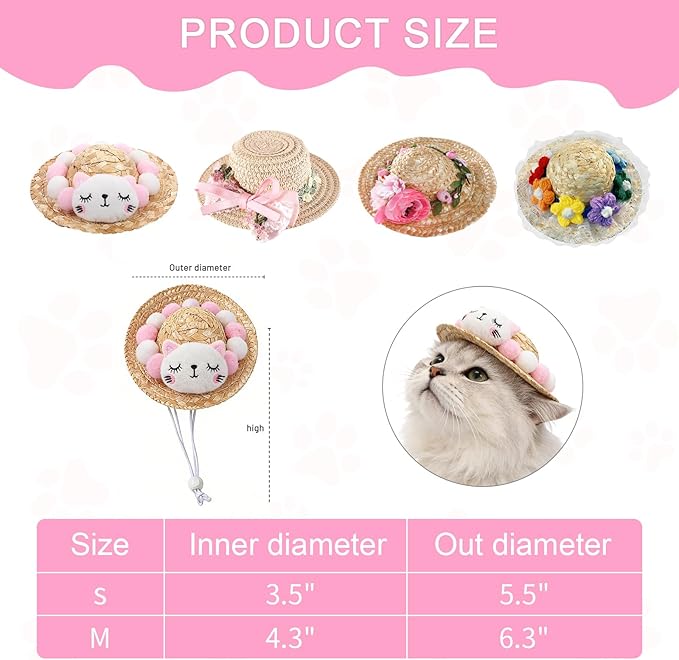 NACOCO Cat Hat Sunflower Straw Hat Handcrafted Rose Lovely Sun Cap Accessories for Small Dogs and Cats Photograph (M, Pink Cat)