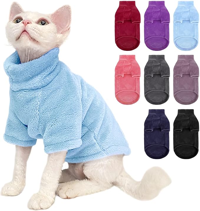 Turtleneck Sweater Coat for Cats, Sphynx Cat Clothes Pajamas for Cats Only, Kitten Fleece Pullover Sweaters with Sleeves, Pet Warm Jumpsuit Cat Sweatshirt for Cold Weather, Blue M