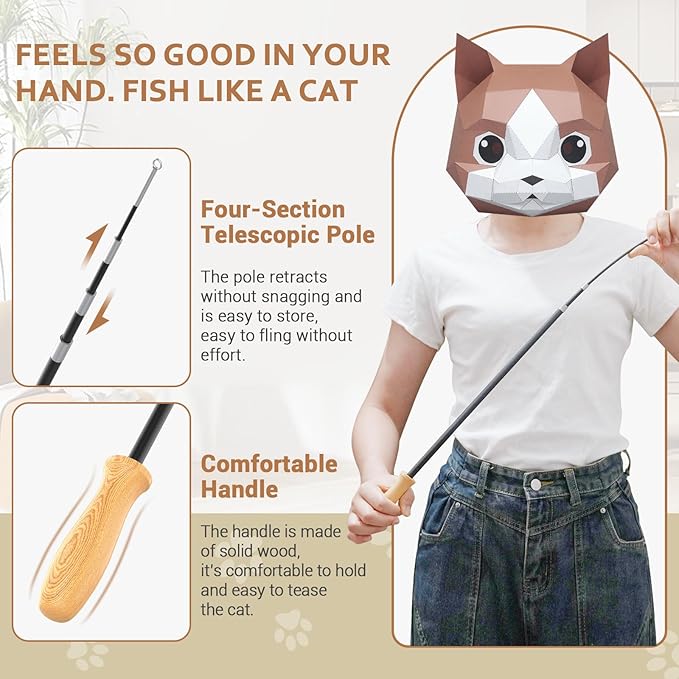 ROSAUI Cat Teaser Wand Toys, Interactive Bird Toy for Indoor Kittens, 53.15’’ Long Cat Fishing Pole Toys, 2X Wires and 5X Natural Refills, Sustainable Wooden Handles, Exercising, Playing