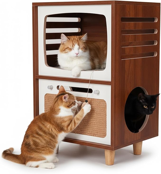 Generic Two-Tier Indoor Cat Activity Center with Scratching Board Vintage TV Shaped Cat Furniture Retro TV-Style for Living Room Bedroom Decoration