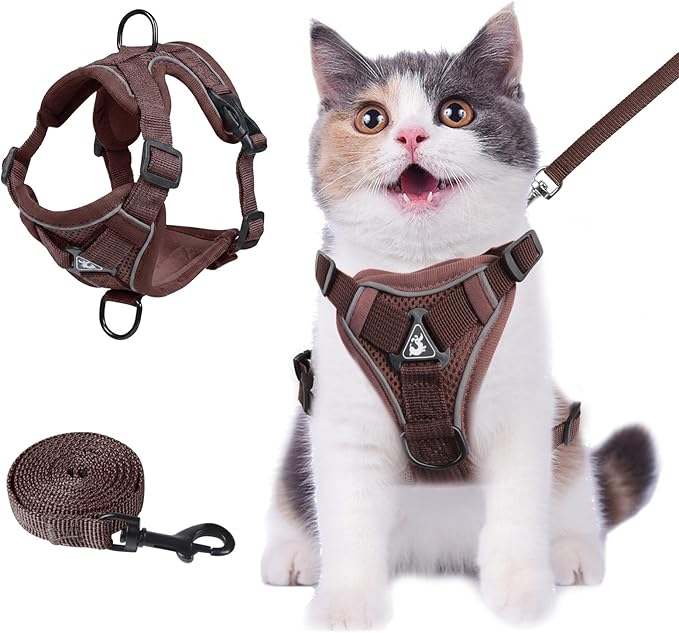 Wanheart Summer cat Chest Harness and Leash, Anti-Escape Adjustable Soft mesh cat Leash and Chest Harness Set for All Types of Cats cat Vests (Brown, M:6.6-9.9lb)