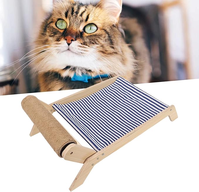 Cat Hammock Bed with Wooden Frame, Anti Shaking Swing Chair for Cats, Premium Sisal and Canvas Raised Sleeping Bed with Scratcher, Minimalist Design Pet Furniture for All Seasons (Beach Sisal Roller