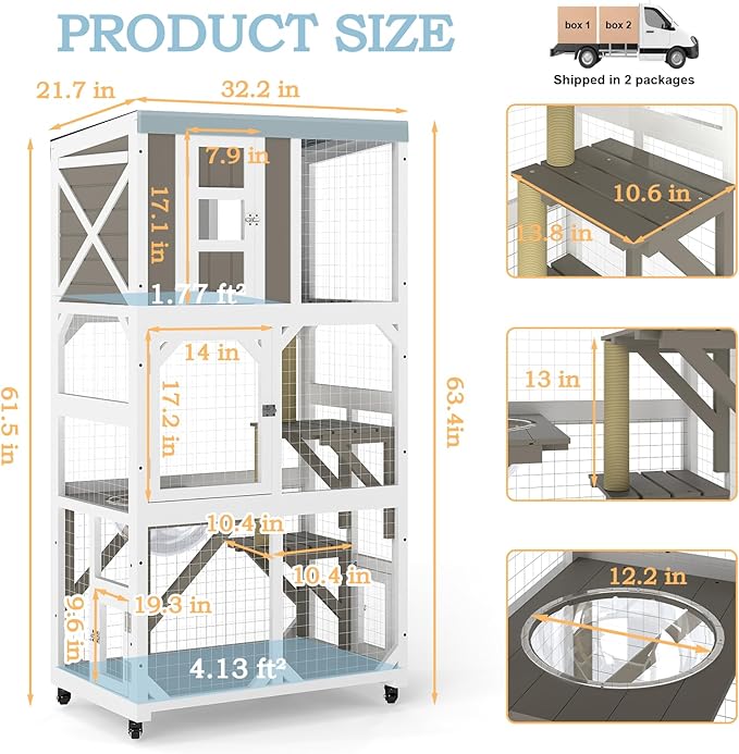 Ketive 64" Large Wooden Catio Outdoor Cat Enclosure, Window Cat House with Wheels & 3 Platforms, Kitty Cage with Weatherproof Roof for Multiple Cats (Gray)