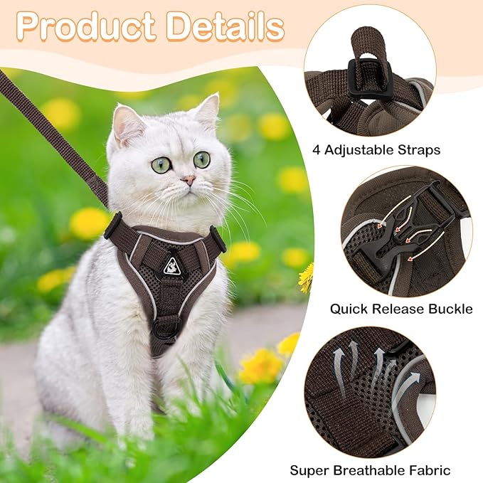 Cat Harness and Leash for Walking Soft Cat Harness Escape Proof, Adjustable Kitten Harness Cat Leash Reflective Strips Jacket, Breathable Cat Vest Harness Set for Kitten Easy to Wear Outdoor Walking