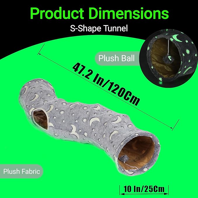 Cat Tunnel Tube with Plush Ball Toys Collapsible Self-Luminous Photoluminescence, for Small Pets Bunny Rabbits, Kittens, Ferrets,Puppy and Dogs Grey Moon Star (S-Shape)
