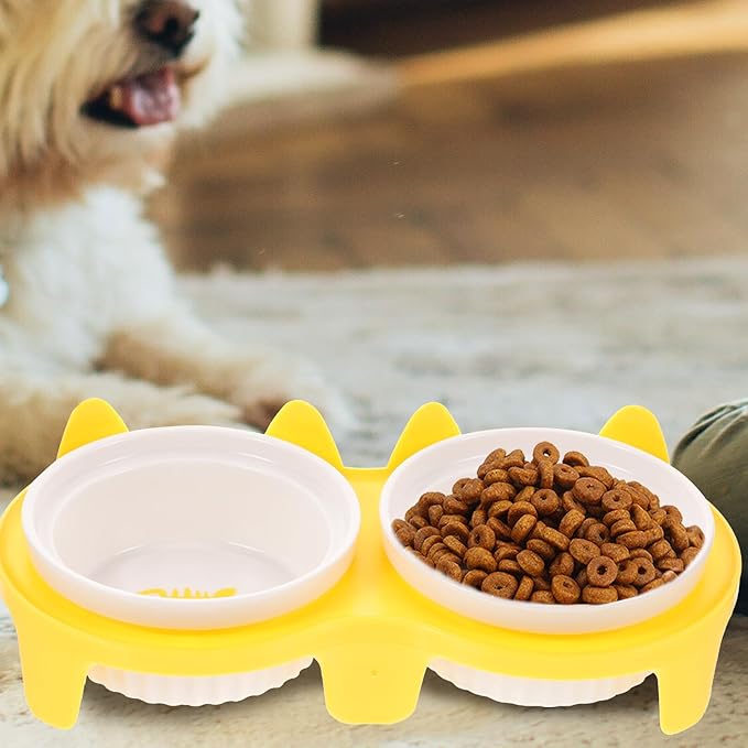 ORFOFE Ceramic Cat Food Bowl Set with Raised Yellow Thickened Double Bowls and Sturdy Stand, Reusable Indoor Pet Feeding and Watering Dish for Cats and Kittens