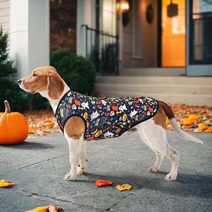 2PCS Halloween Puppy Sleeveless Tank Tops Dog Ghost Spooky Bat Pumpkin Pattern Shirts Halloween-Themed Apparel Vest for Small Middle-Sized Dog Cat XXL