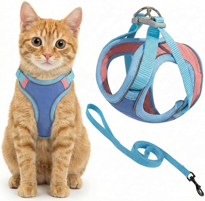 Cat Harness and Leash, Escape-Proof Cat Harness Set, Adjustable Step-in Pet Harness for Walking for Small Medium Cats/Dogs (Blue, L)