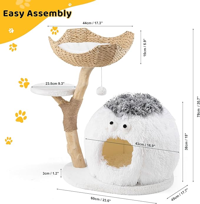 AQUILLA 30.7" Cute Cat Tree Tower for Indoor Cats, Fluffy Cat Condo with Seagrass Basket Bed, Furry Ball House, Sisal Scratching Posts & Stable Base, Beige