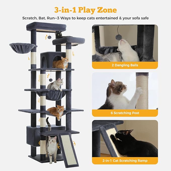 MUTTROS 81" Heavy Duty Cat Tree for Large Cats up to 20lbs - Extra Tall Cat Tower with Metal Frame Hammock, 6 Sisal Scratching Posts, 2 Perches - Indoor Cat Furniture for Maine Coon, Dark Gray
