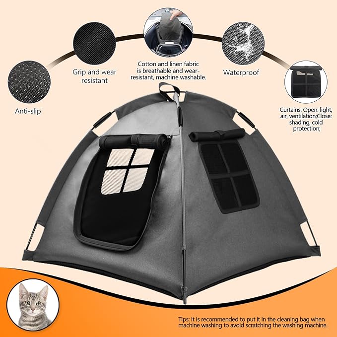 Portable Pet Tent with Full-Enclosure Zippered Mesh Door, Indoor & Outdoor Cat House for Safety & Ventilation, Cozy Nest for Cats, Puppies & Small Animals, Grey