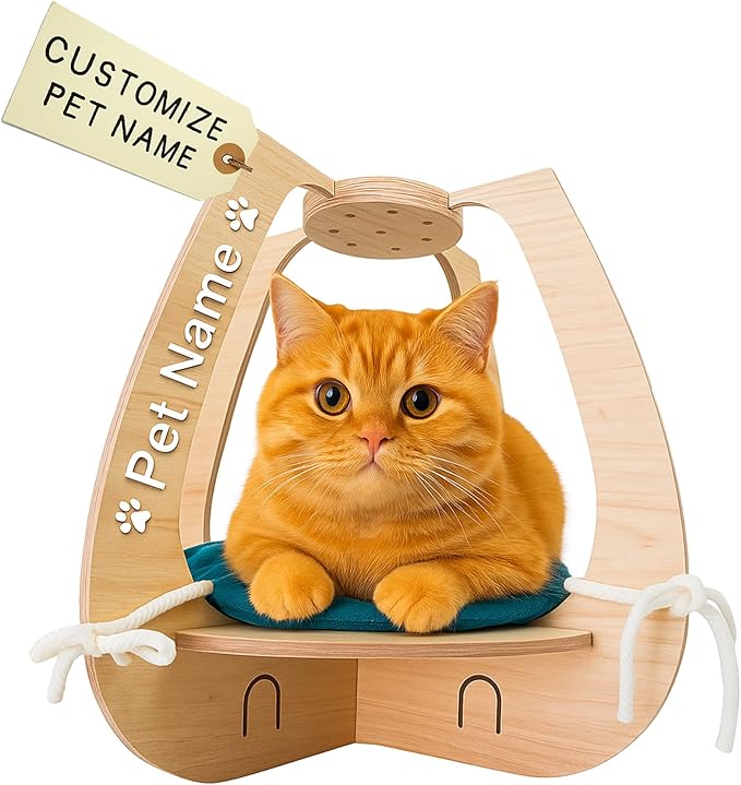 Personalized Hanging Cat Bed, Cat Hammock Wall Shelves, Cats Bed Window with Cushion, Wooden Shelf Perch Toy Bed for Playing Sleeping Scratching, Your Cats Gifts