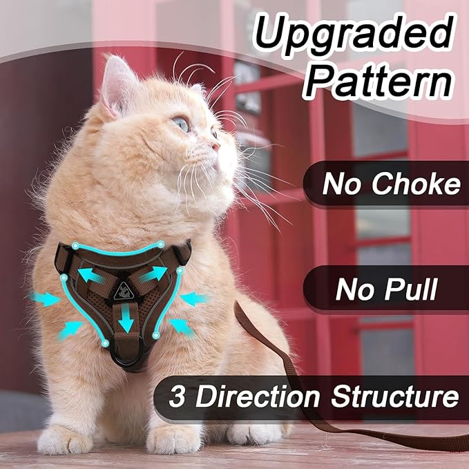 Large Cat Harness and Leash Set for Cat Small Dog Puppy, Escape Proof Adjustable Vest with Lead for Outdoor Walking, Soft Breathable Mesh Jacket with Reflective Strips for Dark Night, L Brown
