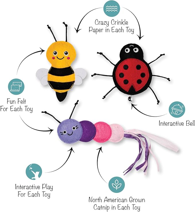 Fringe Studio Living THE Bug Life, Small Plush Cat Toy, 3PCS Set, PetShop Collection (904041)