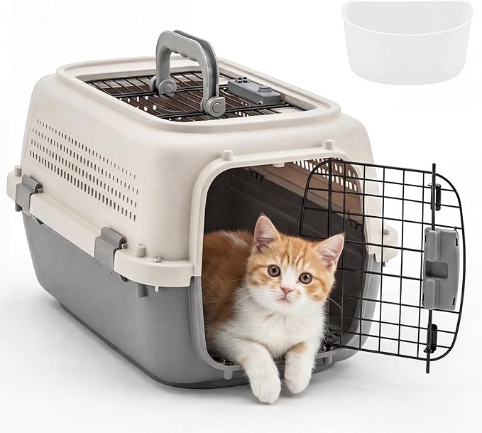 DUMOS 23" Hard-Sided Pet Carrier for Small Dogs & Cats, Airline Approved Travel Crate with Enhanced Security Latches, Front & Top Load Wire Door, Food Bowl for Traveling, Hiking, Camping (Beige&Grey)