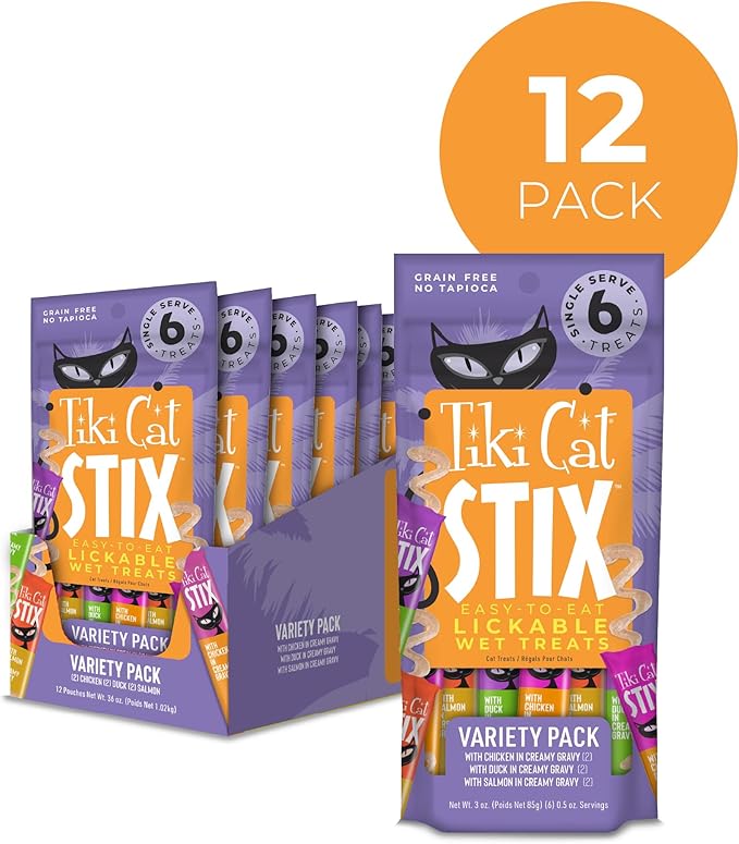 Tiki Cat Stix Wet Mousse Cat Treats, 3 oz. Pouch of Single Serve Lickable Treats, Variety Pack in Gravy, (12 Pack of 72 Tubes)