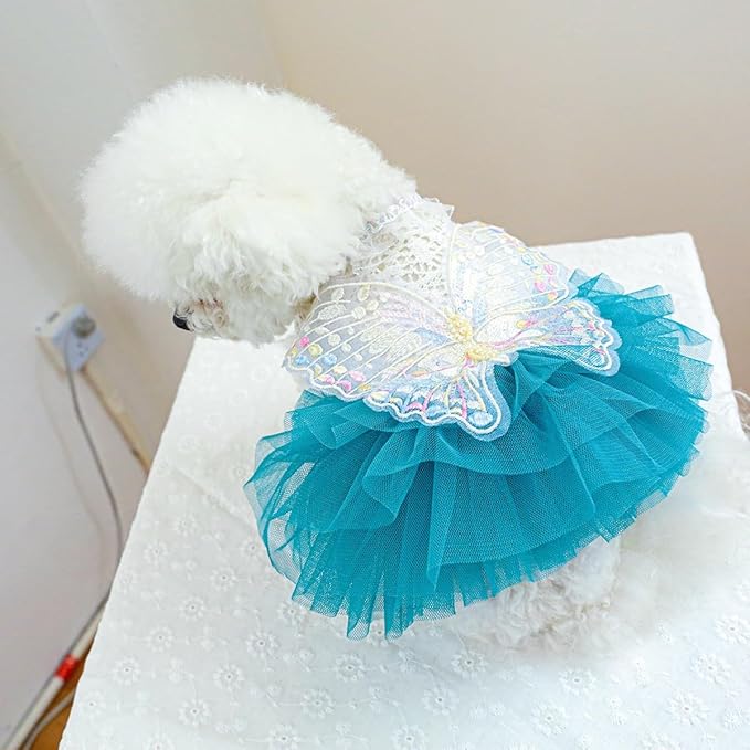 Fairy Dog Dress for Small Dogs & Cats, Lake Blue Princess Outfit with Embroidered Butterfly Wings, Lace Top & Soft Tulle Skirt, Snap Closure (L)