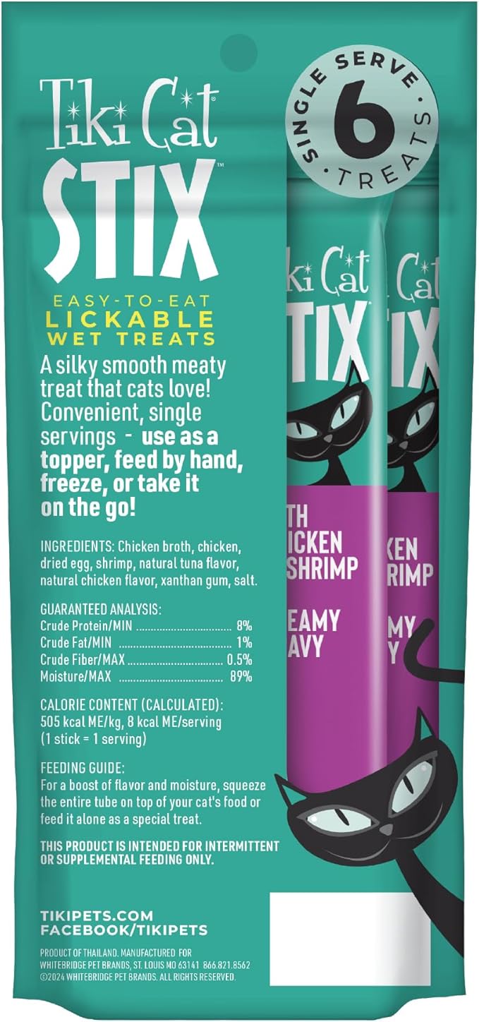 Tiki Cat Stix Mousse Treats, Single Serve Indulgent Lickable Treat or Dry Food Topper, Chicken and Shrimp in Creamy Gravy, 0.5 oz. Servings (72 Count)